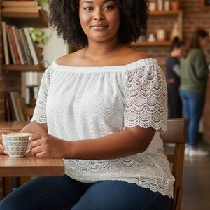 Sz 2X Talbots White Short Sleeve Lace Overlay Cotton Top Scalloped Hem